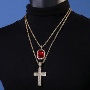 14k Jesus Cross Ruby Stone Necklace Pendant